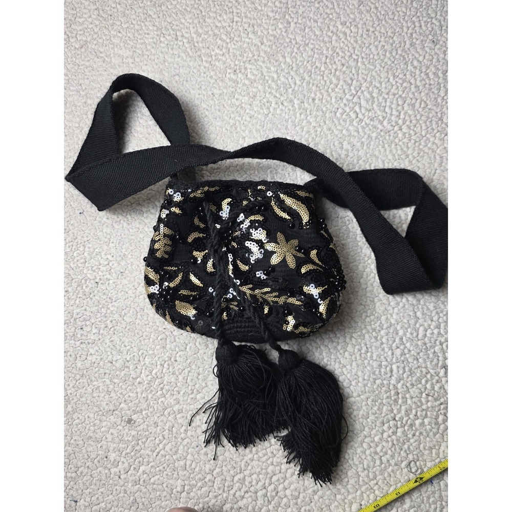Black Gold Sequin Beaded Mini Bucket Bag Floral Tassel Shoulder Purse Boho